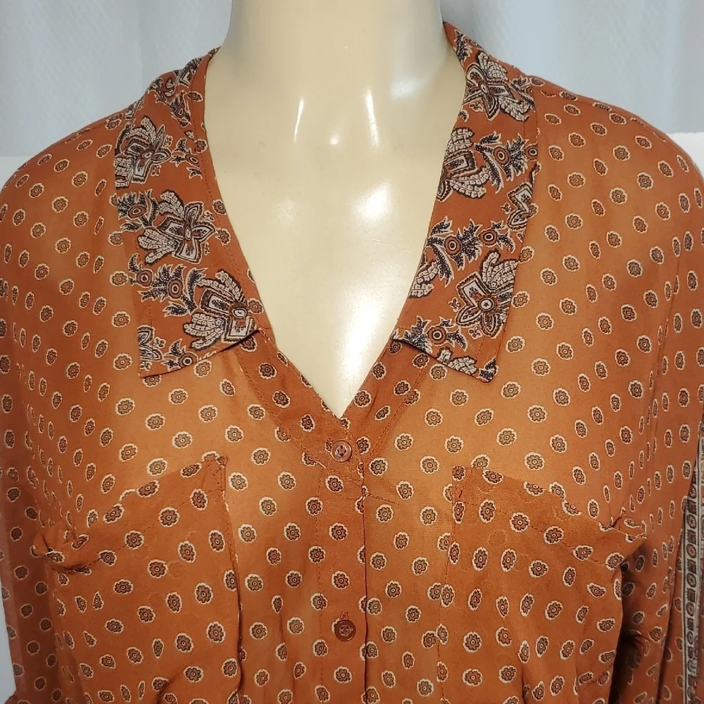 Free People Easy Rider Sheer Blouse Size M Burnt Orange Pockets